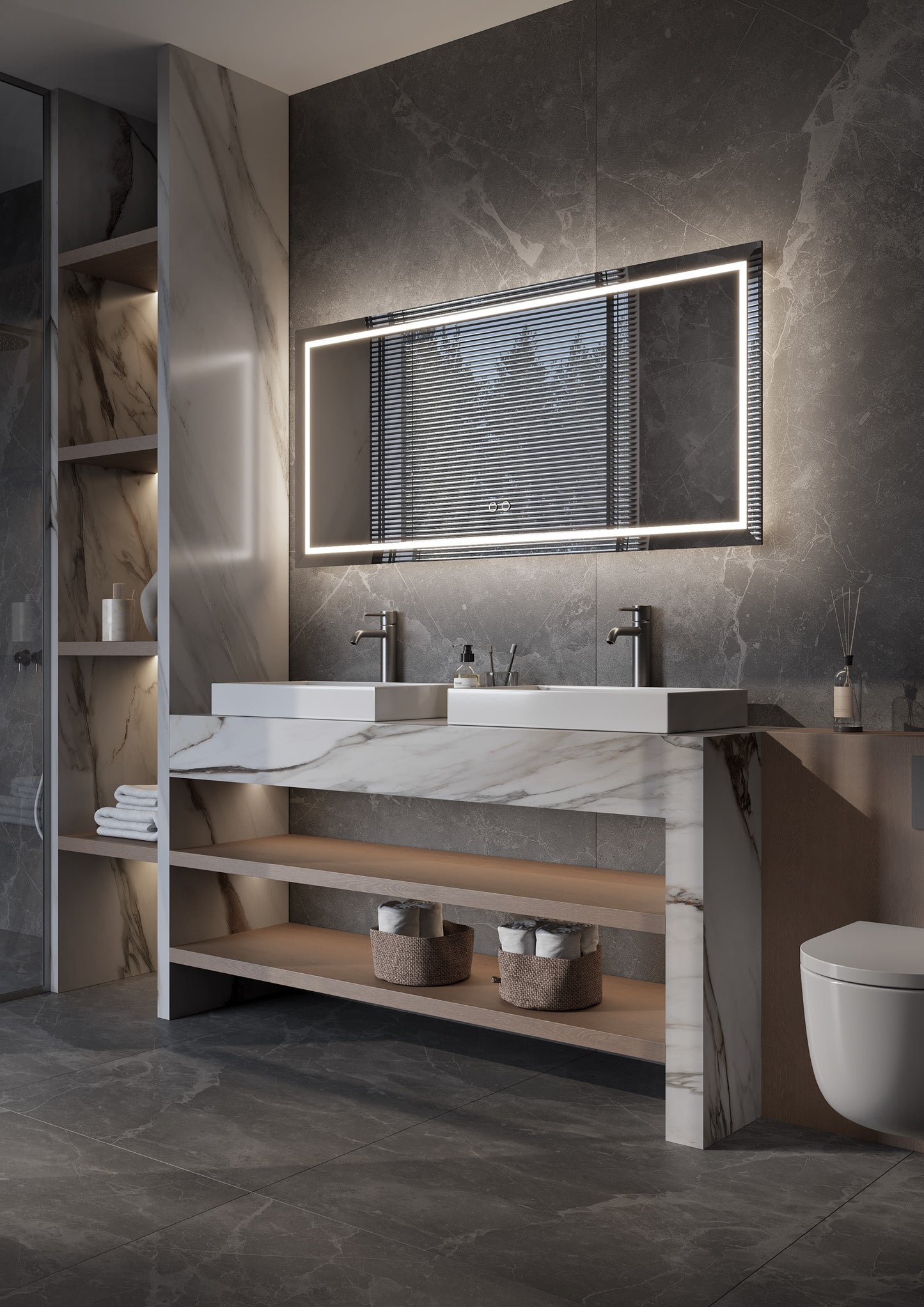 Fade spiegel 1600x700 mm met directe en indirecte verlichting rondom incl. verwarming & dimbare touch