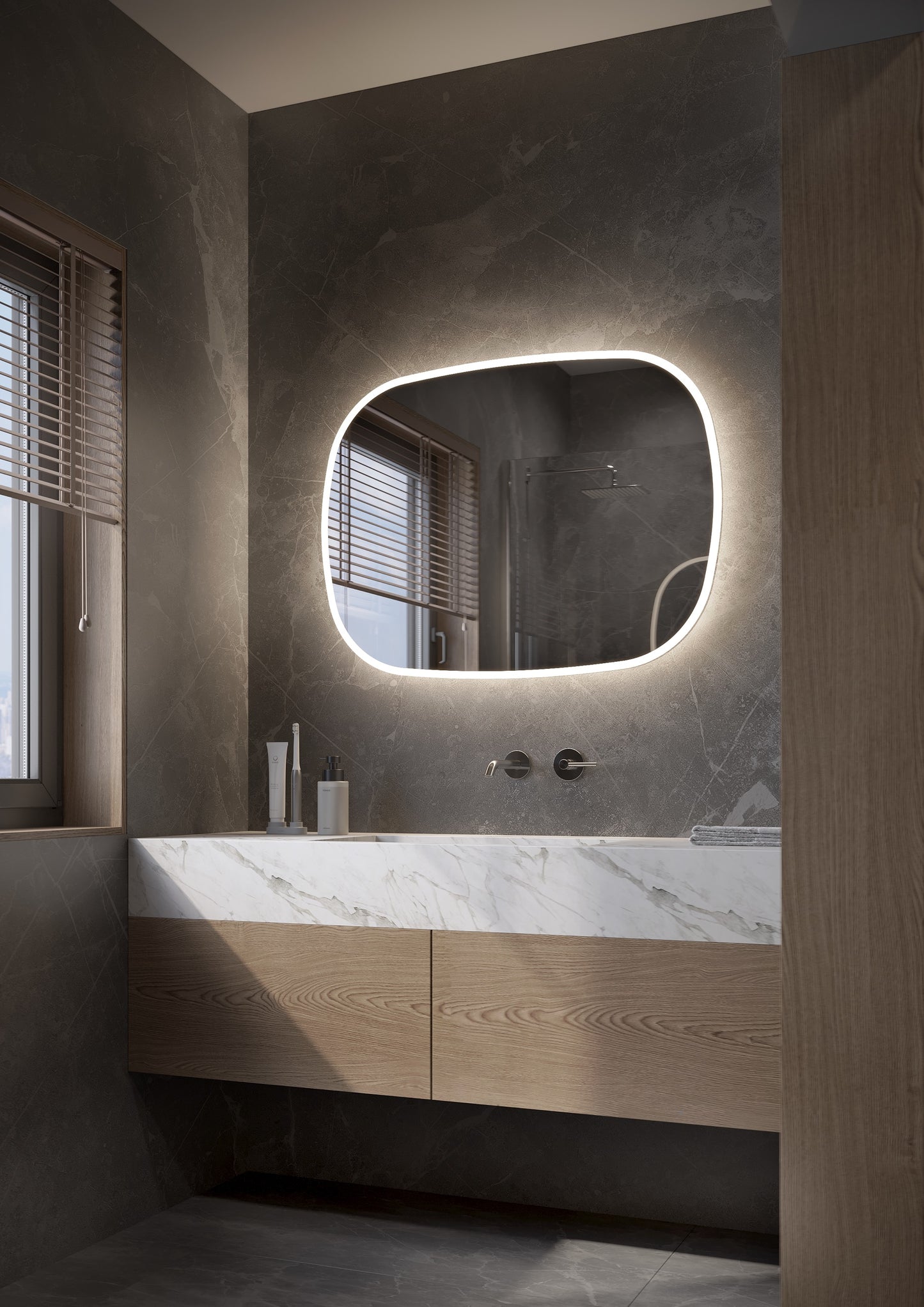 Organische design spiegel 1000x 800 mm, met directe/indirecte verlichting rondom, met spiegelverwarming & dimbare sensor