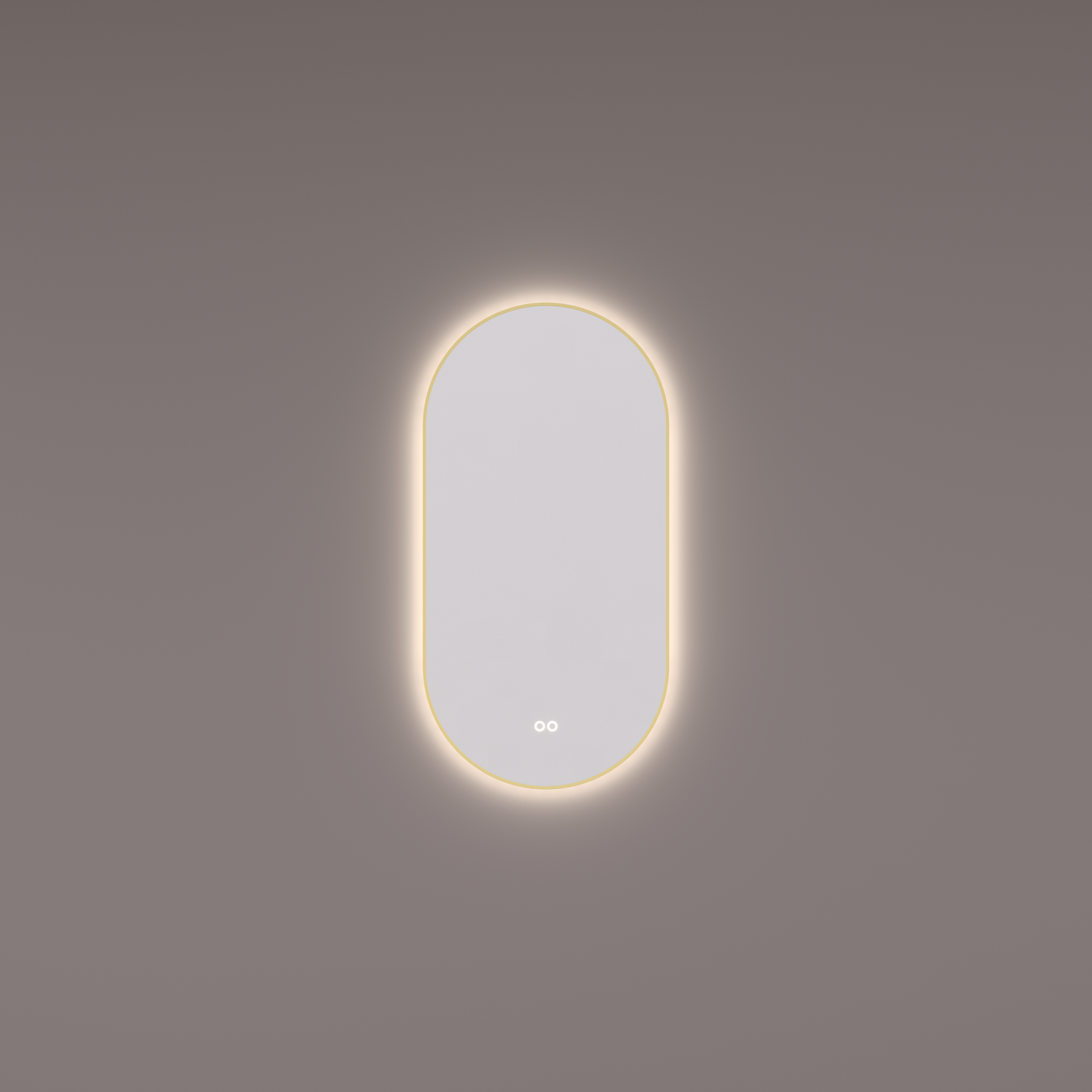 Voorraad spiegel ovaal-recht in PVD geborsteld messing met indirecte LED verlichting rondom 40x90x3cm + spiegelverwarming + kleurenwissel + touch dimmer