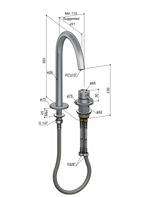 Hotbath Buddy Wastafelmengkraan 2 gats Hoog model