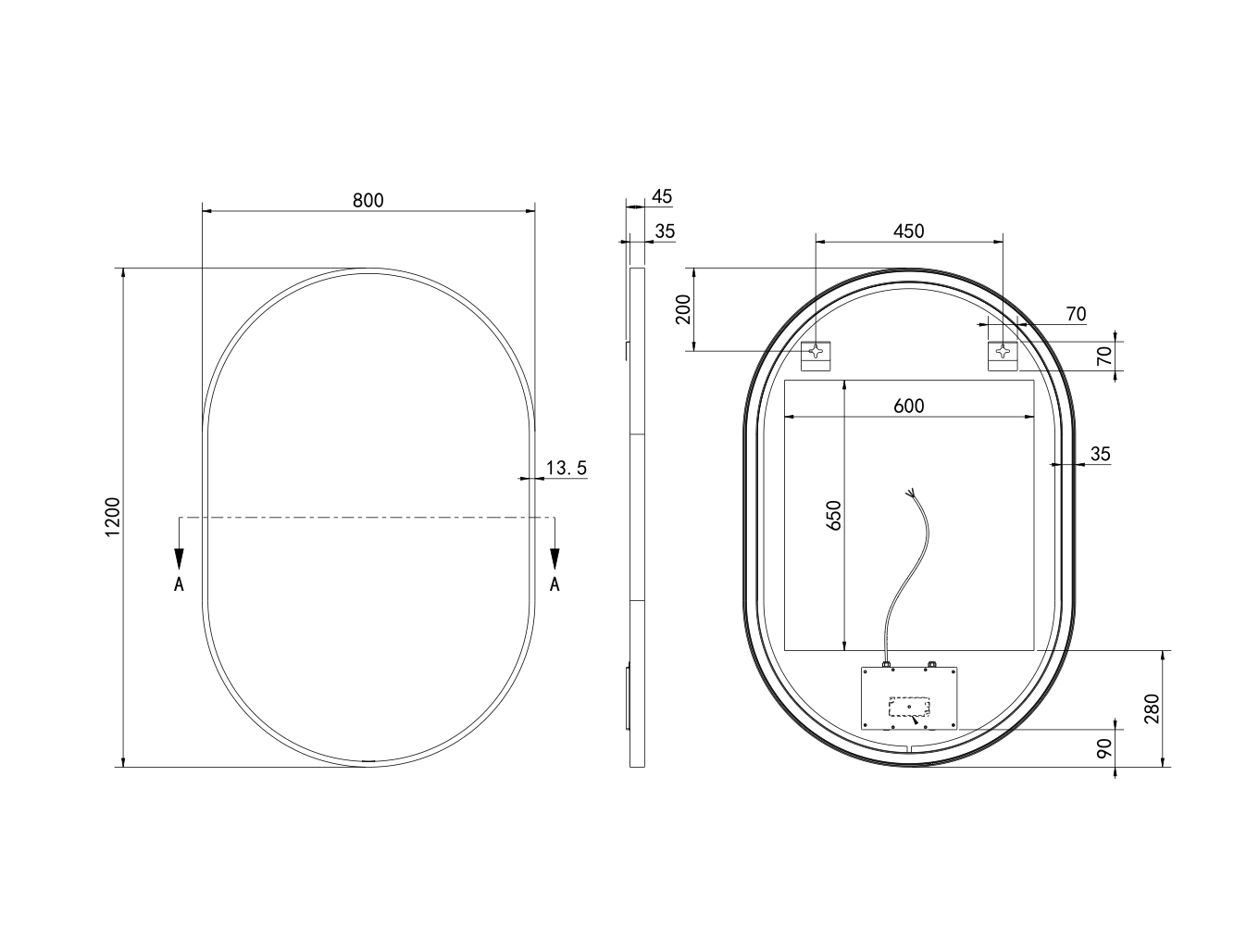 Hotbath Spiegel in aluminium frame / oval incl direct & indirect LED, spiegelverwarming, color changing, dimbaar, dottless, met afstandsbediening