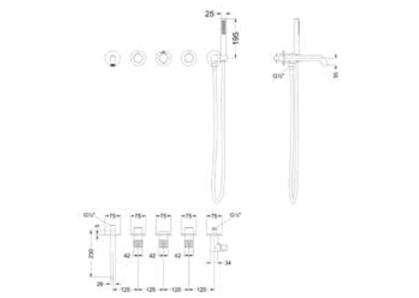 IVY Nexus Afbouwdeel inbouwthermostaat 5-gats symmetry incl. baduitloop met geïntegreerde wateruitlaat, verstelbare wandsteun, handdouche staafmodel en doucheslang