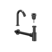IVY Pact Combiset: Fonteinkraan gebogen staand, designplug always open & design sifon - Zwart chroom PVD - S