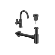 IVY Pact Combiset: Fonteinkraan met draaibare uitloop, designplug always open & design sifon - Zwart chroom PVD