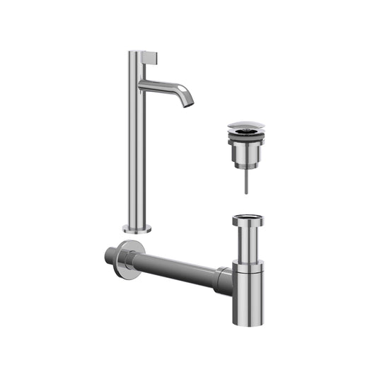 IVY Pact Combiset: Fonteinkraan staand, designplug always open & design sifon - Chroom - L