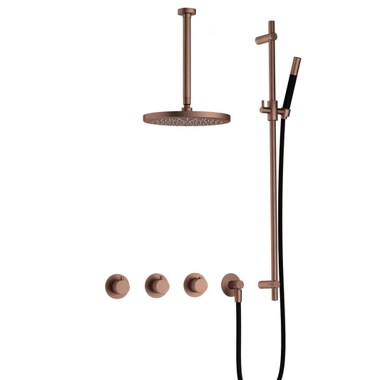 Hotbath Cobber IBS70 Inbouw Doucheset – 2 stopkranen, 30 cm plafondbuis, 30 cm hoofddouche en glijstang - Geborsteld Koper PVD