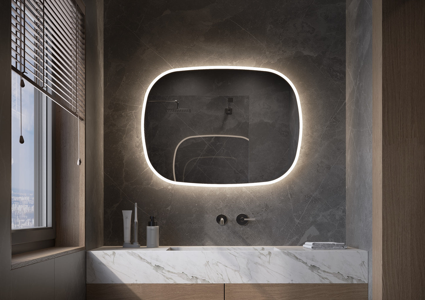 Organische design spiegel 1000x 800 mm, met directe/indirecte verlichting rondom, met spiegelverwarming & dimbare sensor