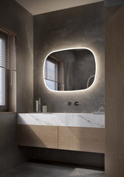 Organische design spiegel , met directe/indirecte verlichting rondom, met spiegelverwarming & dimbare sensor - diverse afmetingen