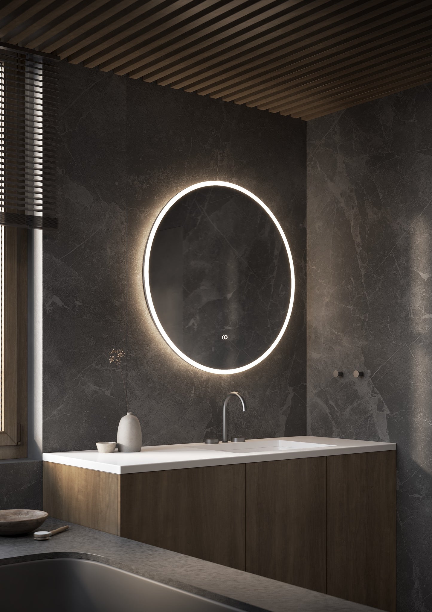 Ronde spiegel 600 mm met directe en indirecte verlichting rondom incl, spiegelverwarming & dimbare touch met warm/koud wissel