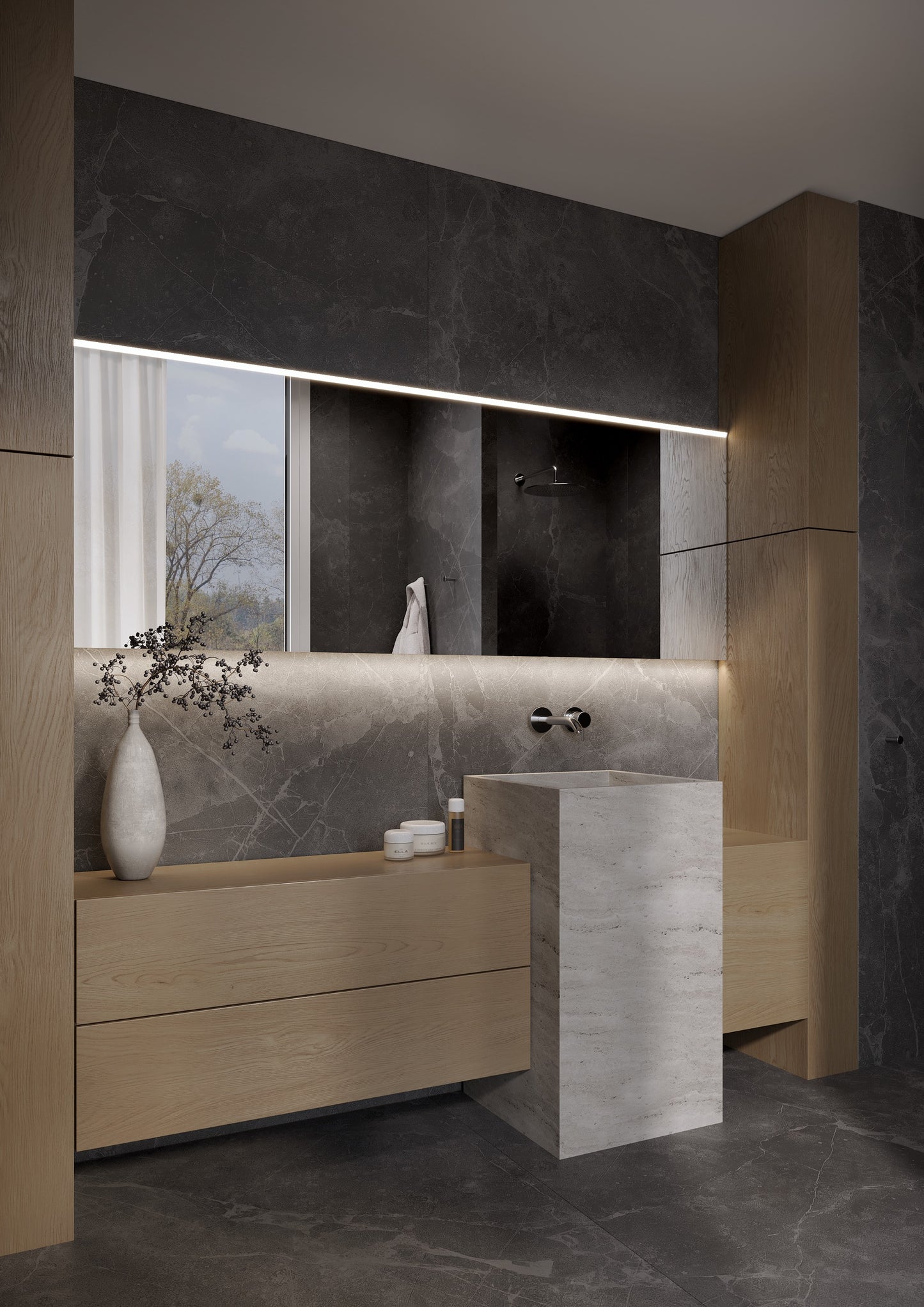 Spiegel 1800x700 mm met 45° profiel (directe verlichting) & indirecte verlichting onder incl. verwarming & dimbare sensor