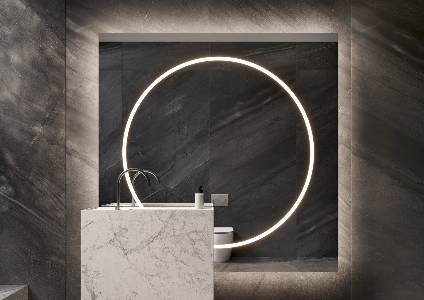 Maatwerk spiegel 1800x1800 mm incl. indirecte verlichting rondom en ronde zandstraal