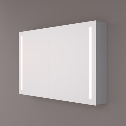 Voorraad Luxe spiegelkast met verticale LED banen 120x70x14cm + spiegelverwarming + 2x geaard stopcontact + verstelbare glazen planchetten