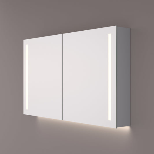 Voorraad Luxe spiegelkast met verticale LED banen en indirecte LED verlichting onder 120x70x14cm + spiegelverwarming + 2x geaard stopcontact + verstelbare glazen planchetten
