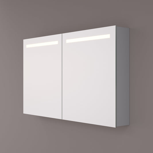 Voorraad Luxe spiegelkast met horizontale LED banen 140x70x14cm + spiegelverwarming + 2x geaard stopcontact + verstelbare glazen planchetten