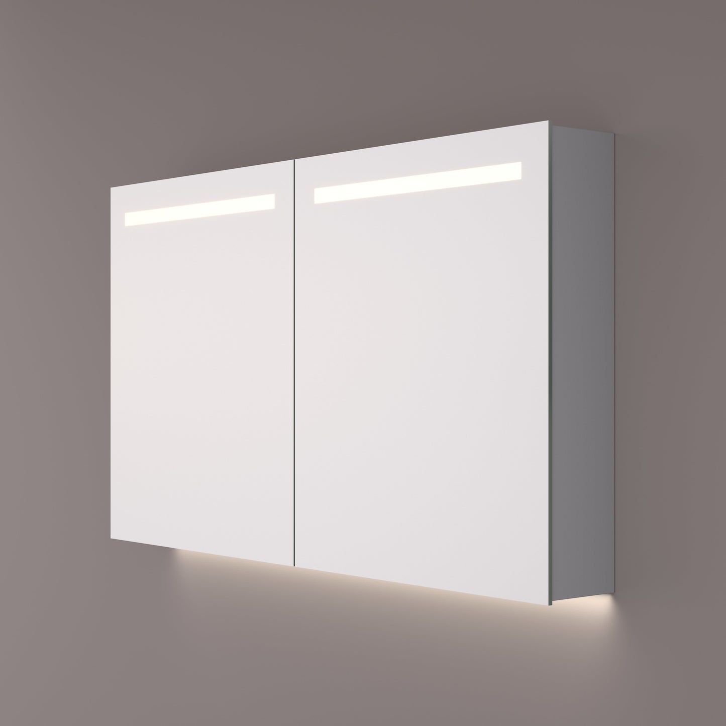 Voorraad Luxe spiegelkast met horizontale LED banen en indirecte LED onder 80x70x14cm + spiegelverwarming + 2x geaard stopcontact + verstelbare glazen planchetten