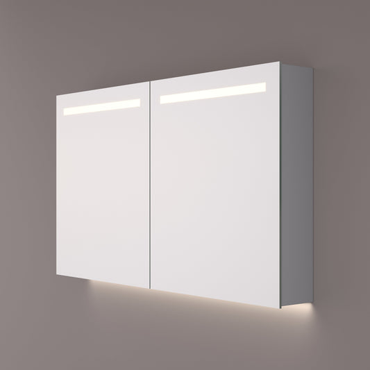 Voorraad Luxe spiegelkast met horizontale LED banen en indirecte LED onder 60x70x14cm + spiegelverwarming + geaard stopcontact + verstelbare glazen planchetten