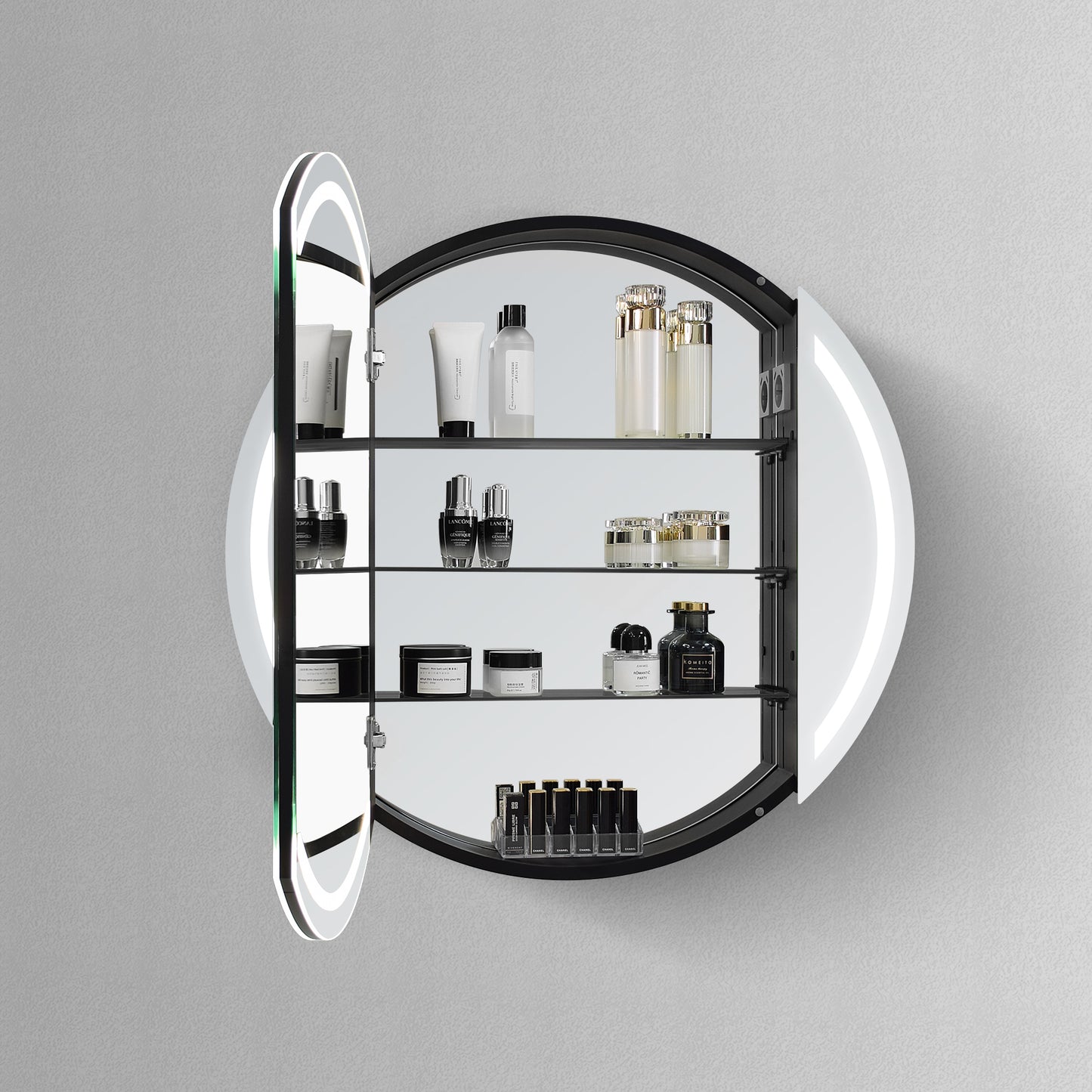 Voorraad Luxe ronde spiegelkast in mat zwart met LED baan rondom 60x13cm + spiegelverwarming + geaard stopcontact + verstelbare glazen planchetten