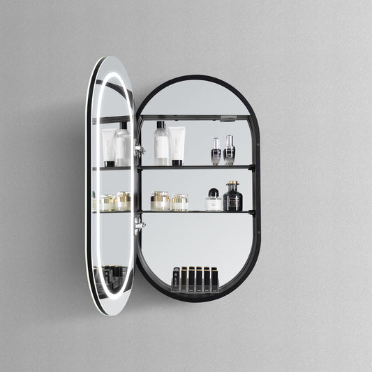 Voorraad Luxe ovaal rechte spiegelkast in mat zwart met LED baan rondom 120x70x13cm + spiegelverwarming + geaard stopcontact + verstelbare glazen planchetten