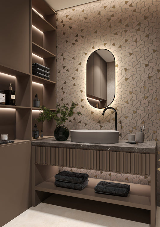 HIPP Design Voorraad spiegel ovaal-recht in PVD geborsteld gun metal met indirecte LED verlichting rondom - SPV 14900 GUN