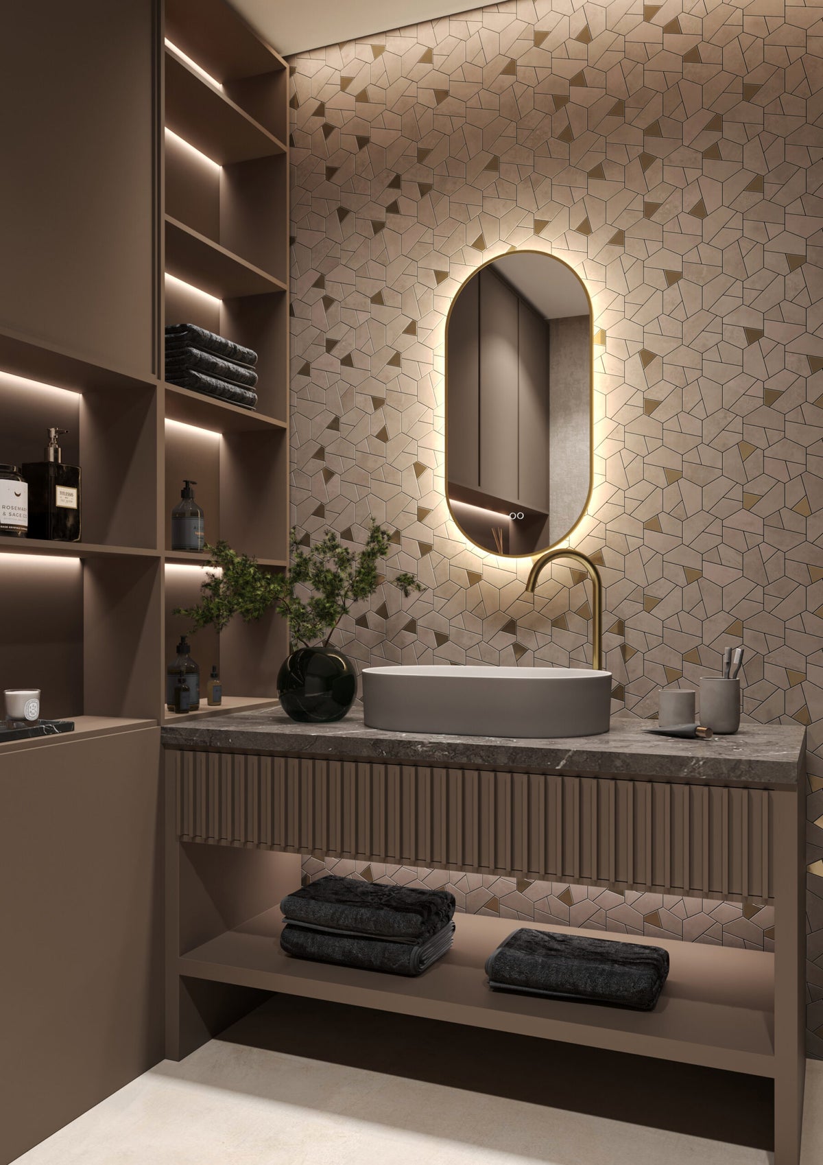 HIPP Design Voorraad spiegel ovaal-recht in PVD geborsteld messing met indirecte LED verlichting rondom - SPV 14900 MES