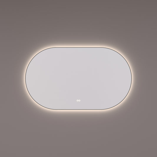 Voorraad spiegel ovaal-recht in MAT ZWART met indirecte LED verlichting rondom 160x70x3cm + touch dimmer + spiegelverwarming
