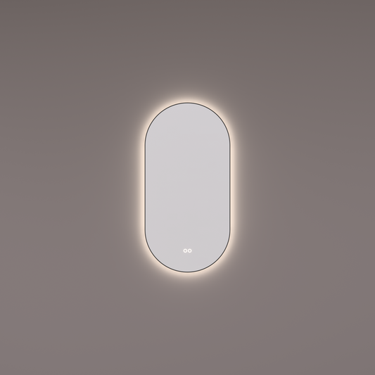 Voorraad spiegel ovaal-recht in MAT ZWART met indirecte LED verlichting rondom 45X90x3cm + spiegelverwarming + kleurenwissel + touch dimmer