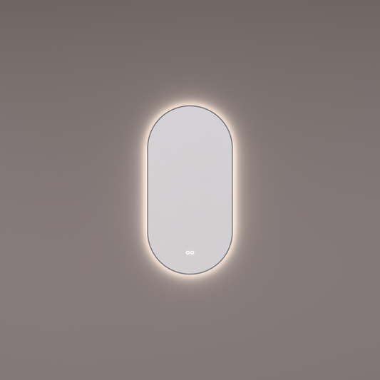 Voorraad spiegel ovaal-recht in PVD geborsteld gun metal met indirecte LED verlichting rondom 40x90x3cm + spiegelverwarming + kleurenwissel + touch dimmer