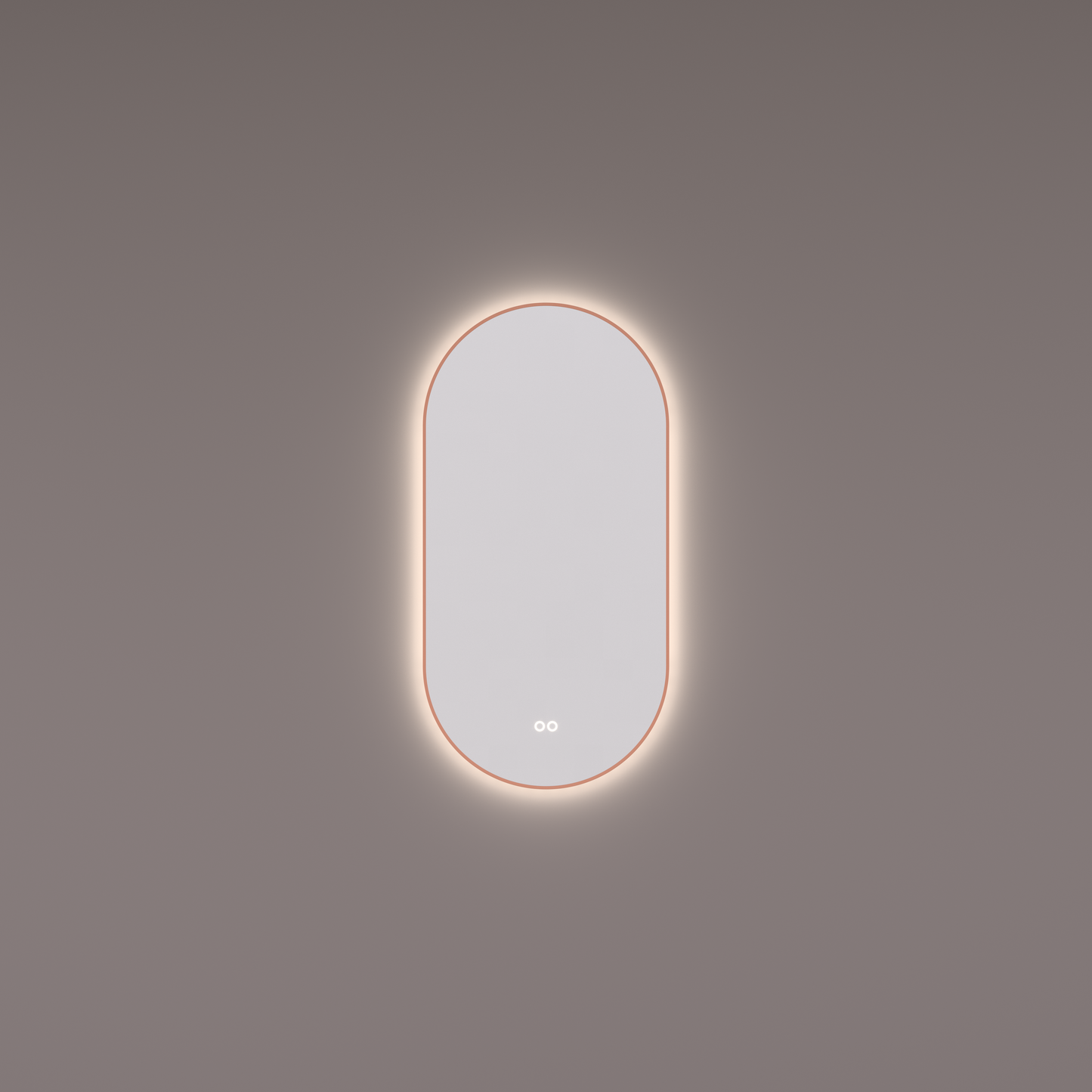 Voorraad spiegel ovaal-recht in PVD geborsteld koper met indirecte LED verlichting rondom 40x90x3cm + spiegelverwarming + kleurenwissel + touch dimmer