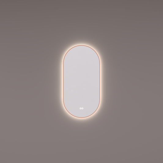 Voorraad spiegel ovaal-recht in PVD geborsteld koper met indirecte LED verlichting rondom 40x90x3cm + spiegelverwarming + kleurenwissel + touch dimmer