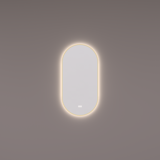 Voorraad spiegel ovaal-recht in PVD geborsteld messing met indirecte LED verlichting rondom 40x90x3cm + spiegelverwarming + kleurenwissel + touch dimmer