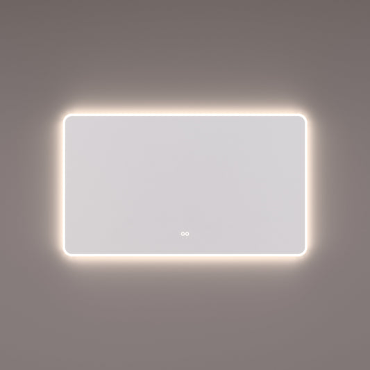 Voorraad spiegel met afgeronde hoeken en met directe en indirecte LED verlichting rondom 140x70x3cm + spiegelverwarming + kleurenwissel + touch dimmer