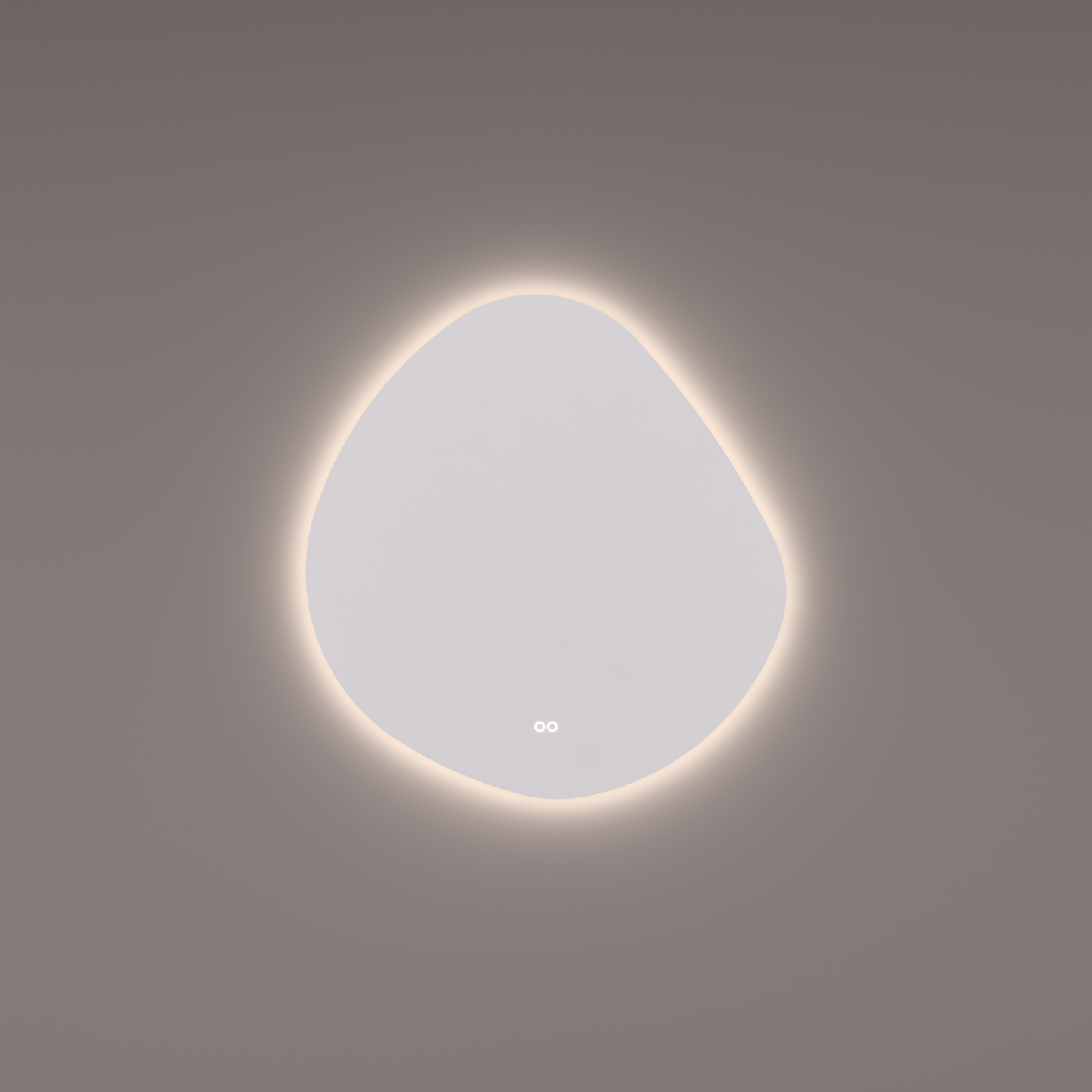 Voorraad spiegel organisch rond, 100x105 cm met indirecte led rondom + spiegeverwarming, kleurenwissel en touch dimmer