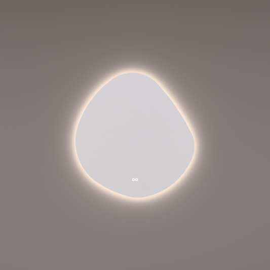 Voorraad spiegel organisch rond, 80x84 cm met indirecte led rondom + spiegeverwarming, kleurenwissel en touch dimmer