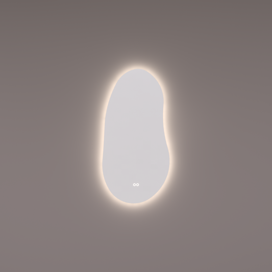 Voorraad spiegel organisch verticaal, 45x90 cm met indirecte led rondom + spiegeverwarming, kleurenwissel en touch dimmer