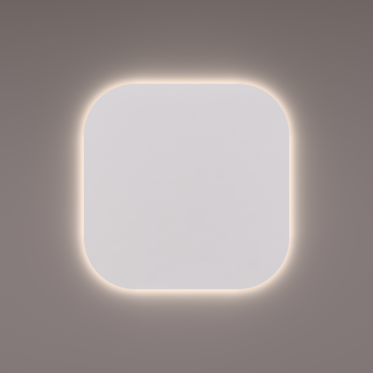 Voorraad spiegel basic line gelijkzijdig afgerond en met indirecte LED verlichting rondom 60x60x3 cm + spiegelverwarming en infrarood sensor dimmer