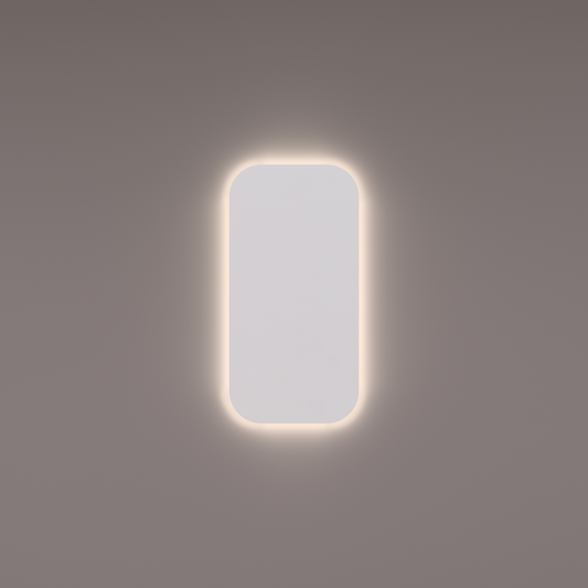 Voorraad spiegel basic line verticaal afgerond en met indirecte LED verlichting rondom 40x80x3 cm + spiegelverwarming en infrarood sensor dimmer