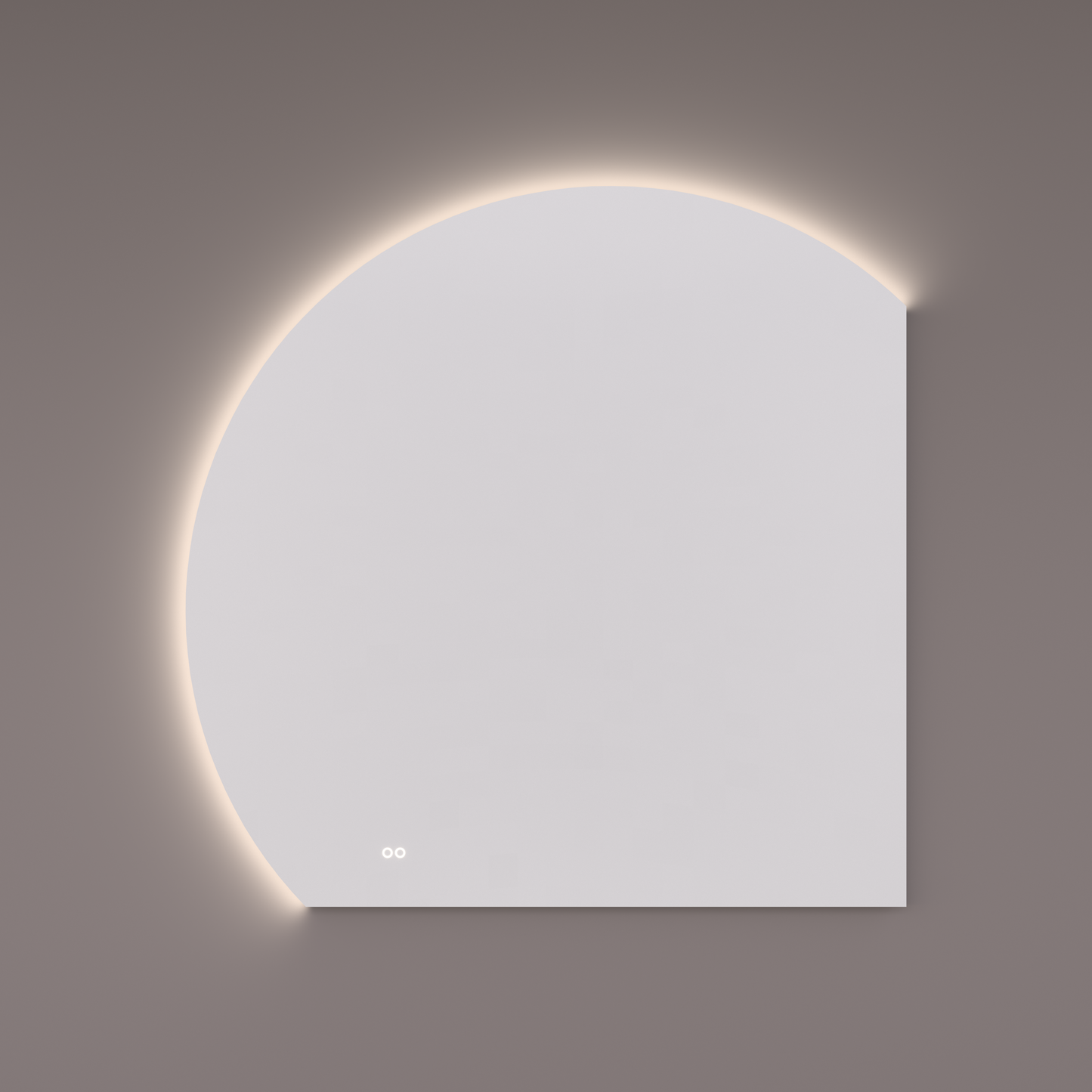 Voorraad spiegel moon-line ronding LINKS met indirecte LED verlichting in de afronding, diameter 120 en 100Bx100Hx3D cm + spiegelverwarming + kleurenwissel + touch dimmer