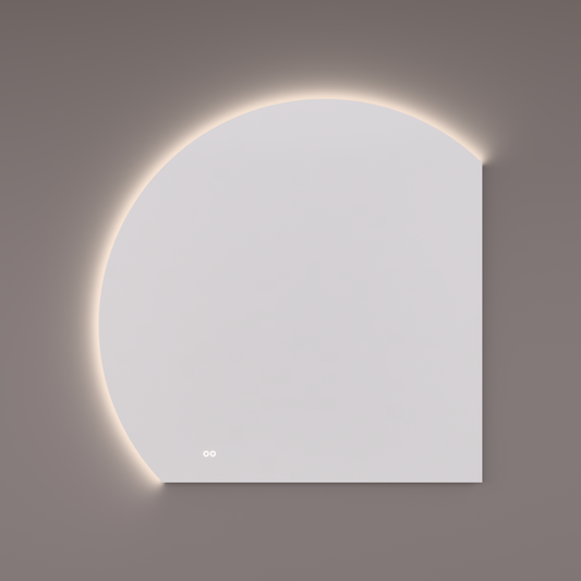 Voorraad spiegel moon-line ronding LINKS met indirecte LED verlichting in de afronding, diameter 120 en 100Bx100Hx3D cm + spiegelverwarming + kleurenwissel + touch dimmer