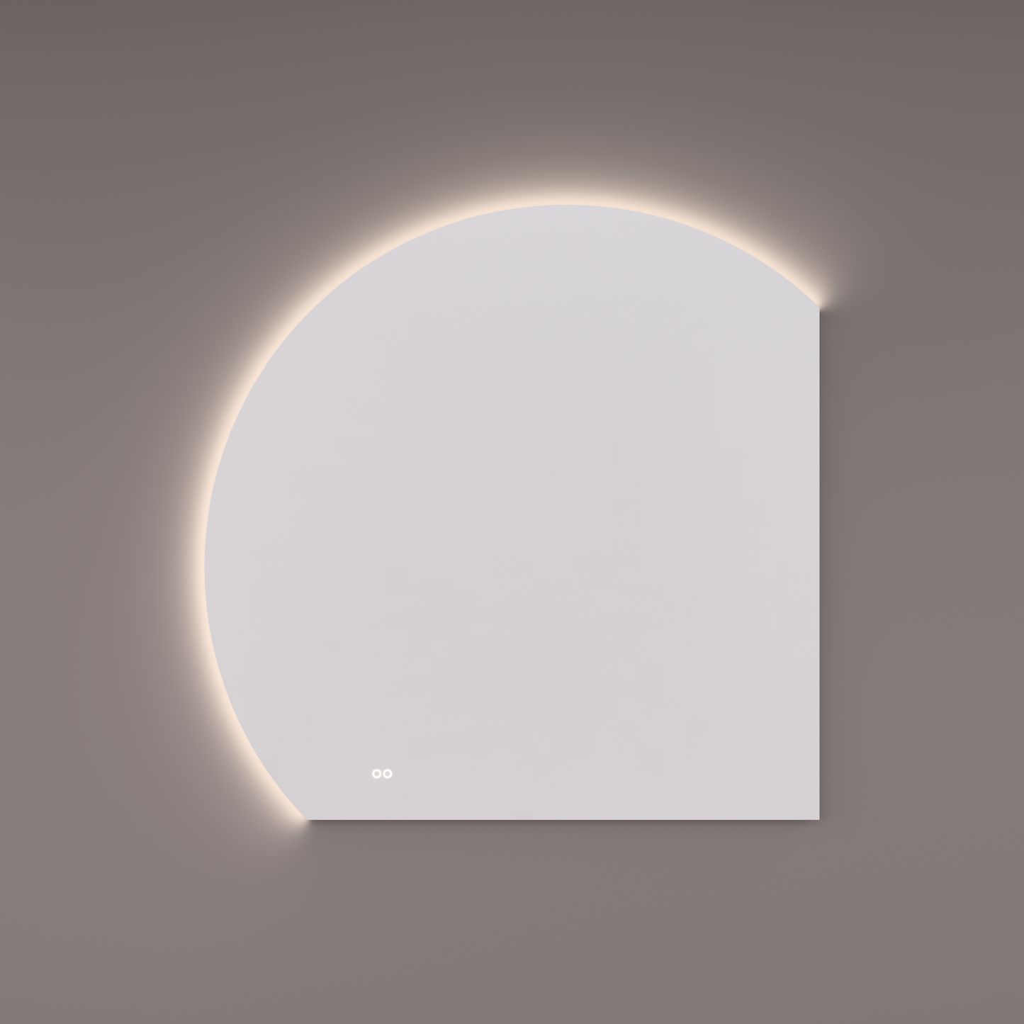 Voorraad spiegel moon-line ronding LINKS met indirecte LED verlichting in de afronding, diameter 120 en 100Bx100Hx3D cm + spiegelverwarming + kleurenwissel + touch dimmer