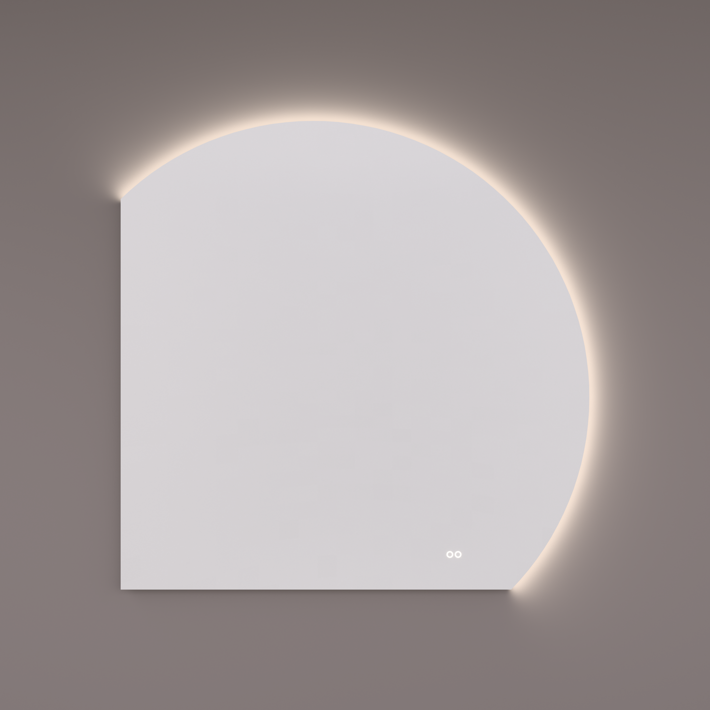 Voorraad spiegel moon-line ronding RECHTS met indirecte LED verlichting in de afronding, diameter 120 en 100Bx100Hx3D cm + spiegelverwarming + kleurenwissel + touch dimmer