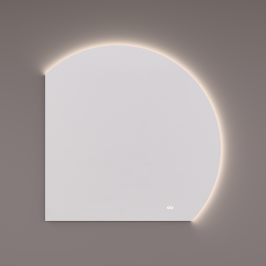Voorraad spiegel moon-line ronding RECHTS met indirecte LED verlichting in de afronding, diameter 120 en 100Bx100Hx3D cm + spiegelverwarming + kleurenwissel + touch dimmer