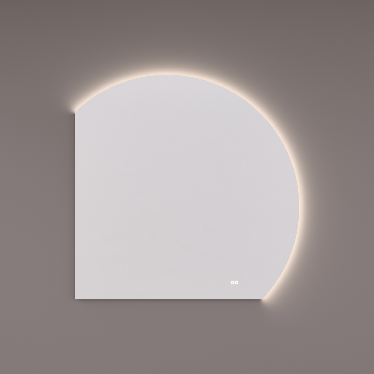 Voorraad spiegel moon-line ronding RECHTS met indirecte LED verlichting in de afronding, diameter 120 en 100Bx100Hx3D cm + spiegelverwarming + kleurenwissel + touch dimmer