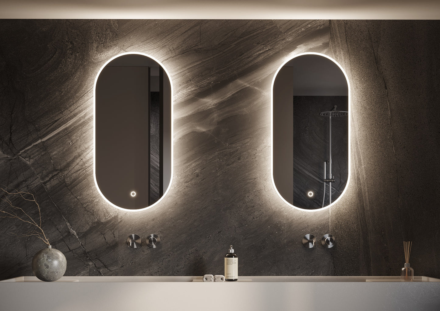 Ovale spiegel 450x900 mm met directe en indirecte verlichting rondom incl, spiegelverwarming & dimbare touch met warm/koud wissel