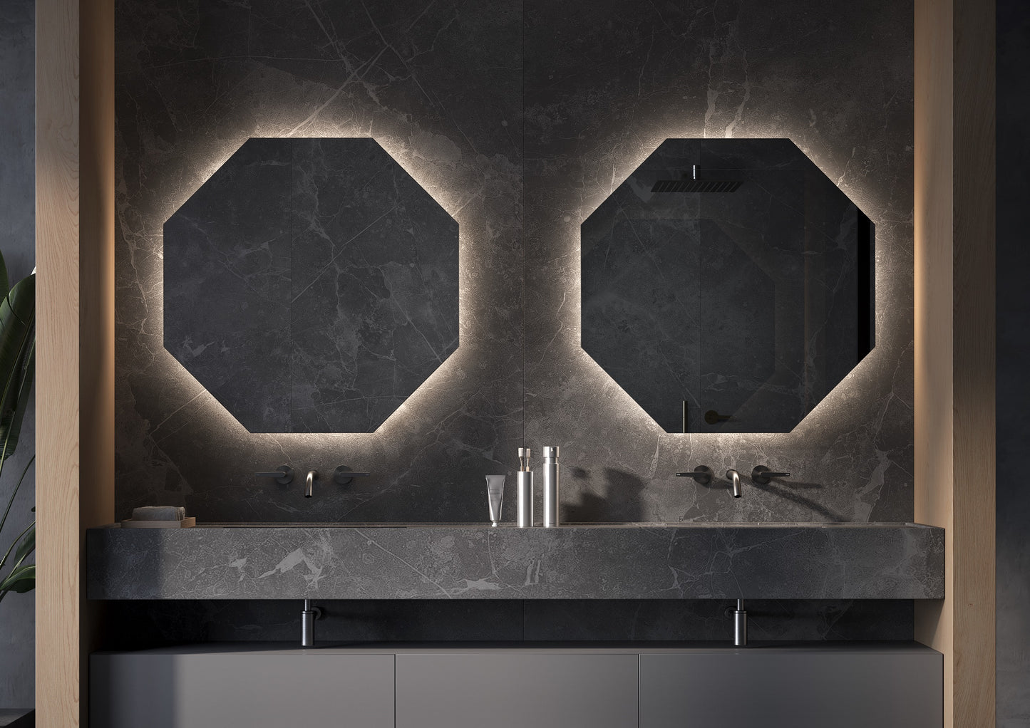Hexagon maatwerkspiegel met indirecte verlichting rondom