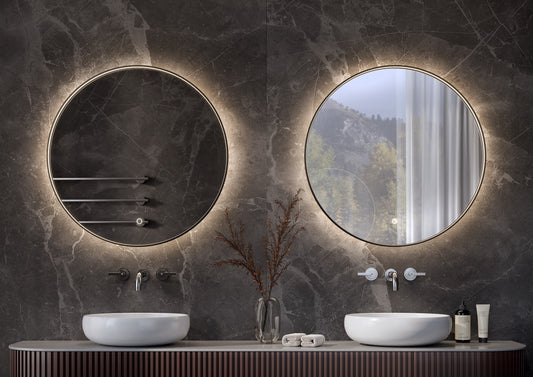 Maatwerkspiegel rond brushed messing  met geintregeerde ledbaan rondom in profiel incl. indirecte verlichting, dimbare touch & spiegelverwarming