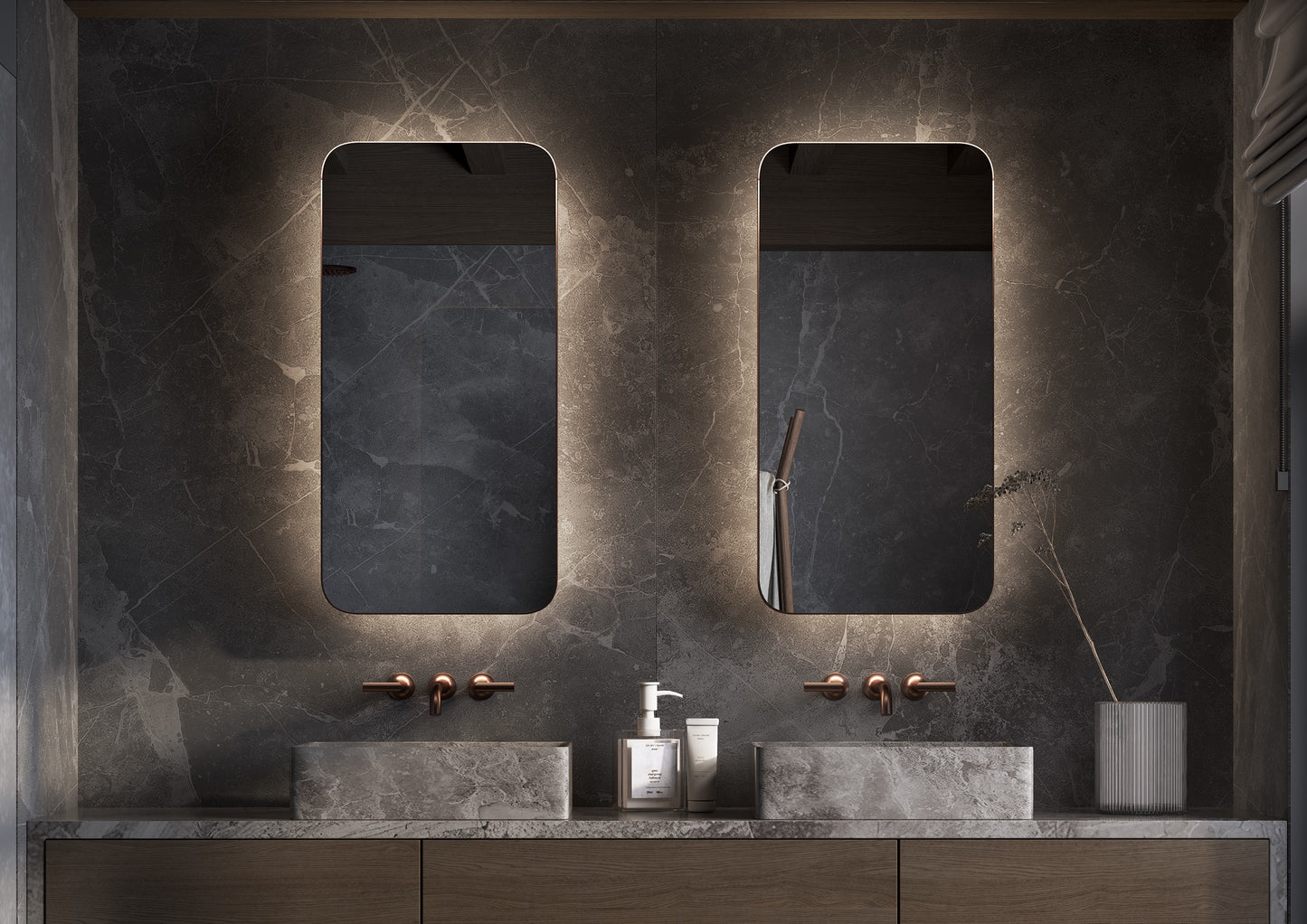 Spiegel brushed messing 450x900 mm met indirecte verlichting, dimbare sensor en spiegelverwarming