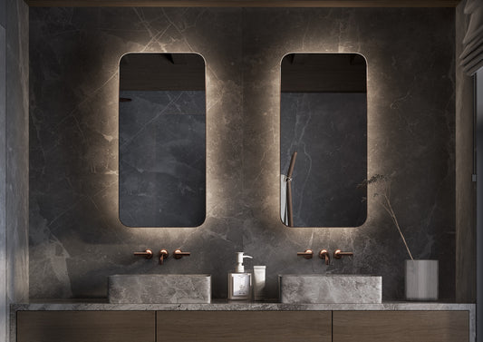 Spiegel brushed messing 450x900 mm met indirecte verlichting, dimbare sensor en spiegelverwarming