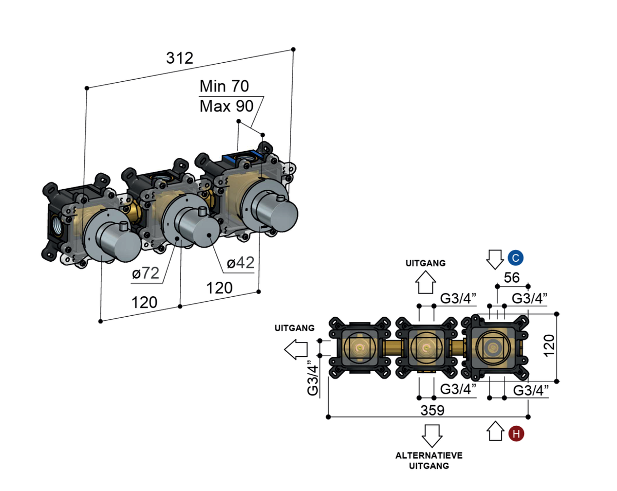 Hotbath HBCB7067 inbouwdeel douchethermostaat met 2 stopkranen, horizontaal/verticaal