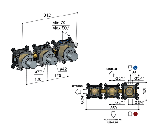 Hotbath HBCB7067 inbouwdeel douchethermostaat met 2 stopkranen, horizontaal/verticaal