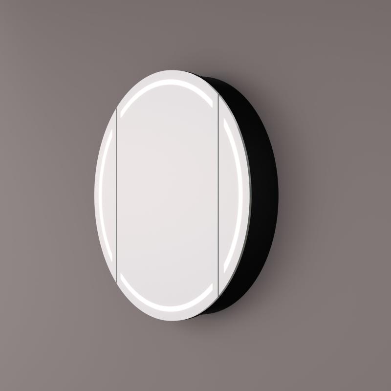 Voorraad Luxe ronde spiegelkast in mat zwart met LED baan rondom 100x13cm + spiegelverwarming + geaard stopcontact + verstelbare glazen planchetten